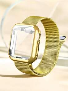 1PC Luxury Gold Watch Band Watch Case Compatible With Apple Watch 38mm 40mm 41mm 42mm 44mm 45mm, Stainless Steel Mesh Watch Strap With Watch Screen Protector, Drop And Scratch Resistant Watch Case, Smart Watchbands Watch Strap Accessories Compatible With Apple Watch Series 9 8 7 SE3 6 5 4 3 2 1 - Gold - View 1
