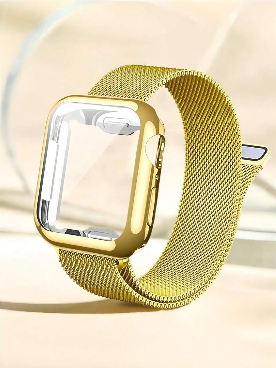 1PC Luxury Gold Watch Band Watch Case Compatible With Apple Watch 38mm 40mm 41mm 42mm 44mm 45mm, Stainless Steel Mesh Watch Strap With Watch Screen Protector, Drop And Scratch Resistant Watch Case, Smart Watchbands Watch Strap Accessories Compatible With Apple Watch Series 9 8 7 SE3 6 5 4 3 2 1 - Gold - View 1