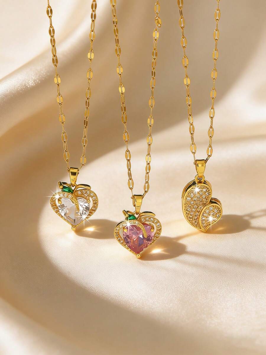 1pc Fashionable Luxury Rose Quartz Peach Collarbone Chain, Finely Inlaid Heart Pendant Necklace With Smooth Fabric Texture Accessory, Suitable For Daily Wear, Holidays, Anniversaries, Birthdays As Girlfriend Gift - Gold - View 1