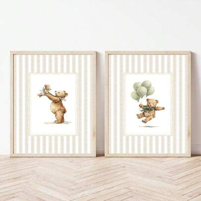 1/2pcs Frameless Vintage Teddy Bear Wall Art Watercolor Bear With Balloons & Baby Bear Canvas Prints Neutral Striped Nursery Decor For Kids Bedroom Playroom Gender Neutral Baby Room Wall Decor