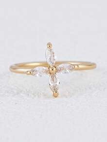1 chiếc nhẫn hình cỏ bốn lá mạ vàng tinh tế, đính đá Cubic Zirconia cắt hình bầu dục - Trang sức nữ - Vàng - Xem 4