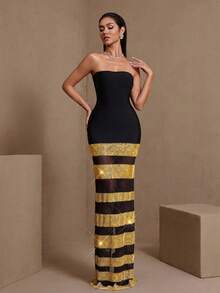 Women's Striped Contrast Color Elegant Strapless Fitted Mermaid Dress Party Wedding - Multicolor - View 5