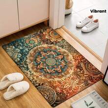 1 Piece Of Colorful Mandala-Style Flannel Floor Mat, Non-Slip And Machine Washable, Suitable For Entryway, Kitchen, Living Room, Bedroom, Bathroom - Blue, Orange, And Beige Floral Pattern Design, Bathroom Mat - 1pc - View 1