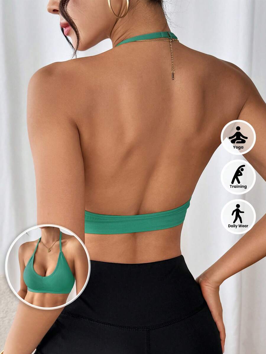 LianShengFa 1 pieza Sujetador deportivo sin costuras acanalado sin espalda con cuello en V, elasticidad media, acolchado extraíble, top de fitness, sujetador de yoga suave, cómodo y transpirable