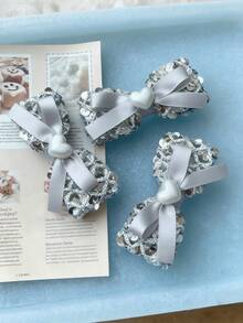 1个优雅银色亮片发夹，闪亮心形蝴蝶结发夹，侧刘海夹，适合日常佩戴 - 彩色 - 查看 2