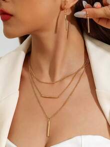 Bộ trang sức 3 món phong cách tối giản gồm dây chuyền mặt dây chuyền hình thanh dài nhiều lớp và bông tai, bộ quà tặng độc đáo và tinh tế. - Vàng - Xem 4