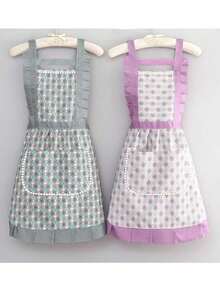 Delantal de cocina para el hogar, fresco y sencillo, resistente a las manchas y al desgaste, de lona transpirable, nuevo estilo de ropa de trabajo, delantal de cintura para cocinar en estilo coreano. Delantal estilo coreano con patrones florales, lindo, reforzado, resistente al desgaste, impermeable - A - Ver 1