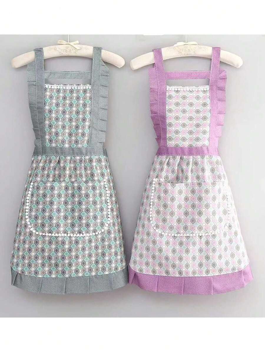 Delantal de cocina para el hogar, fresco y sencillo, resistente a las manchas y al desgaste, de lona transpirable, nuevo estilo de ropa de trabajo, delantal de cintura para cocinar en estilo coreano. Delantal estilo coreano con patrones florales, lindo, reforzado, resistente al desgaste, impermeable - A - Ver 1
