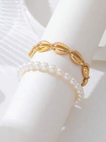 2 piezas Elegante y lujoso diseño creativo exagerado de moda Pulsera de tobillo elástica hecha a mano con perlas falsas + 1 pieza Conjunto de pulsera de tobillo con concha de metal conectada, adecuada para la playa, vacaciones, viajes, puede usarse como regalo - Blanco + Oro - Ver 5