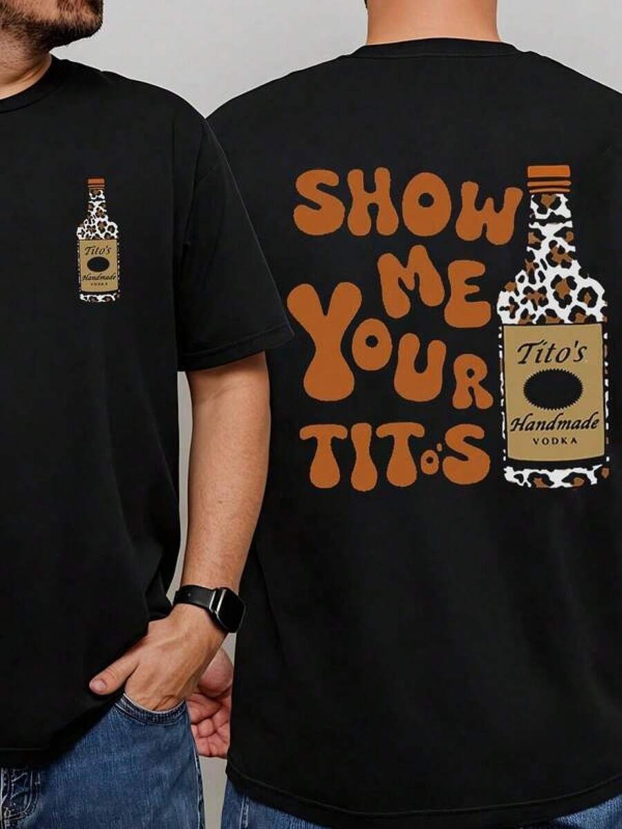 T Shirt Print ,Graphic-Cotton Tees Size Plus, Cartoon Round Neck Short Sleeve, Men's Cotton T-Shirt, Show Me Your Tito's Print, Y2k Hip-Hop Fashion Pattern T-Shirt, Perfect For Streetwear Enthusiasts To Express Individuality And Embrace The Dark, Rebellious Spirit In Style,Y2K,Oversized Shirt Men,With Shirt,Summer Tops,Shirt Suitable - Black - View 1