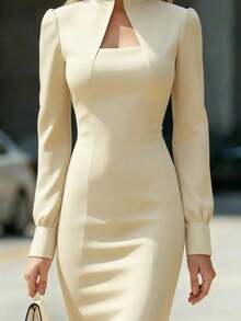 New Woman Dress, High Neck, Long Sleeves, Tight Cut, Ideal For Work And Parties - Apricot - View 1