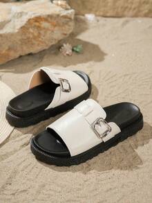 Women's Solid Color Sandals, Metal Buckle One-Strap Slides, Platform Thick Sole Slippers, Fashion Flip Flops, Comfortable Non-Slip, Versatile Beach Sandals, Suitable For Daily Wear - White - View 6