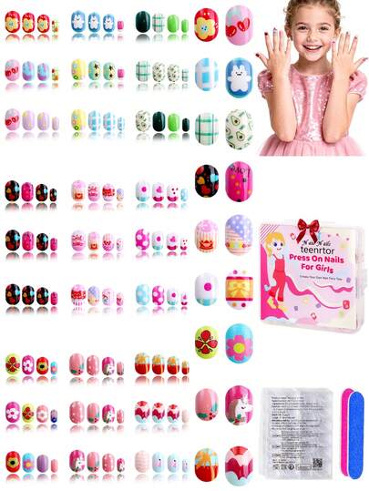 NAIO 216pcs Kids Press On Nails Set, Cute Flower Bunny Cherry Plaid Avocado Heart Crown Gift Box Unicorn Star Palm Tree Pattern Short Full Cover False Nails Colorful Full Cover Short False Nails For Girls, Cute Mixed Pattern Wearable Nail Kit With Storage Box & Nail File