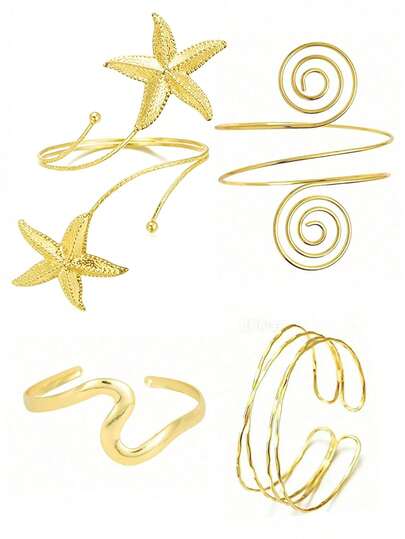 Bộ 4 vòng tay thời trang mùa hè thanh lịch, họa tiết sóng và sao biển, vòng tay hở 3 chiếc, phụ kiện độc đáo phù hợp để đeo hàng ngày, quà tặng cho bạn bè và người yêu.