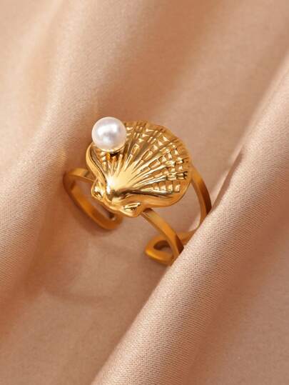 夏季时尚珍珠贝壳戒指，女士开口镀金不锈钢贝壳戒指，假日珠宝沙滩配饰