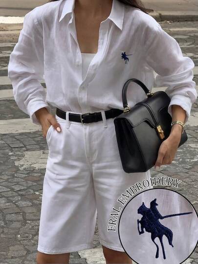 Camisa de Manga Longa Casual para Uso Diário com Bordado de Cavalo, Conjunto de Verão para Mulheres, Looks de Férias, Looks de Praia para Mulheres, Camisa de Cor Sólida de Abotoamento Único de Manga Longa Regular Primavera para Mulheres