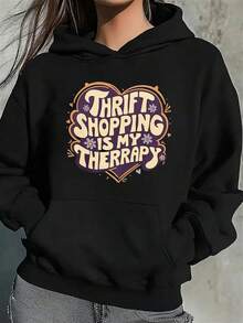 Black Hoodie For Women Featuring A Graphic Print That Says 'Thrifting Is My Relax' - A Soft, Casual Pullover Sweatshirt That Is Machine Washable And Suitable For All Seasons - màu đen - Xem 8