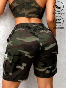 Women's Fashion Casual Camouflage Cargo Shorts, Drawstring Waist, Utility Pockets, Suitable For Summer Leisure, Outdoor Sports Or Daily Casual Wear - Army Green - View 3