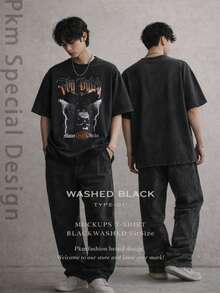 Men Black Washed Streetwear Brand Street Style 100 Percent Cotton T Shirt With Vons Dutchs Logo And Lightning Design For Casual Wear Outfits | Vintage Heavyweight T Shirt | Perfect Gift | Loose Comfortable Breathable | Machine Washable Fabric | Hip Hop Cool Style | Drippy Clothes | Y2K - màu đen - Xem 2