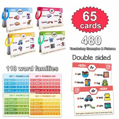 Lachilly Phonics Flashcards For Kids Toddlers Preschoolers Early Readers - Set Of 65 Double-Sided Educational Flash Cards - Including 480 Words And Pictures, 120 Sentences, 118 Words Families, 4 Difficulty Learn To Read In 20 Stages, CVC Word Cards, English Reading Skills, Learning Reading Spelling Game, Homeschooling Activities Classroom School Supplies, Study Activity Card, Sight Words Flashcard, Vocabulary Building, Literacy Learning Tool Materials For Kids