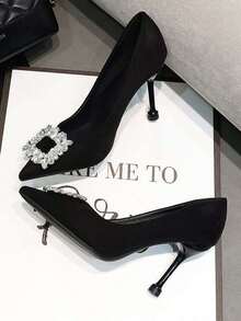 女士尖头高跟鞋，春秋季新款百搭性感细跟套脚鞋，黑色 - 黑色 - 查看 1