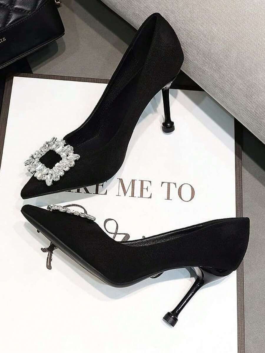 女士尖头高跟鞋，春秋季新款百搭性感细跟套脚鞋，黑色 - 黑色 - 查看 1