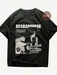 Beabadoobee Album Typography And Portrait Crew Neck T-Shirt Oversized Design Short Sleeve Y2k Casual Wear Tops Plus Size Clothes Suitable For All Seasons Machine Wash For Business Casual And Daily Wear - màu đen - Xem 6