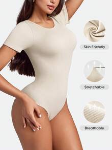 Suprenx 罗纹连体衣，情人节女士塑身连体衣，收腹，圆领短袖上衣 - 米色 - 查看 5