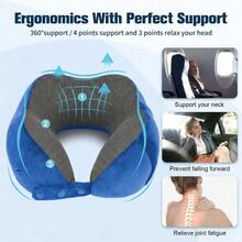 Memory Foam Travel Neck Pillow For Airplane, Adjustable Snap Buttons, Foldable Compact Design With Carry Bag, Washable Velvet Cover, Flat Back Support For Car, Train, Home Use - Blue - View 5