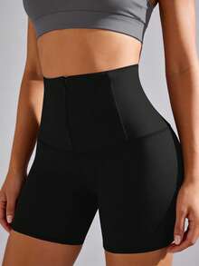NcmRyu 1pc Women High Waist Adjustable Zipper Solid Color Elastic Waist Sports Shorts - Black - View 8