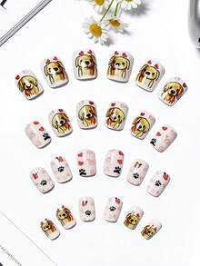 24pcs Short Glossy Animal Dog Pattern Detachable False Nails, Pink Heart Shaped Nail Stickers, Convenient For Daily, Party, Holiday - Champagne - View 3