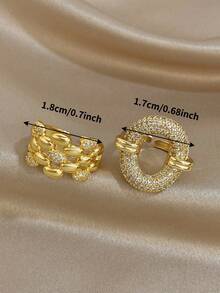 18K Gold Plated Chain & Round Zirconia Stackable Ring Set, Fade-Resistant Adjustable Wide Open Ring, Elegant Women's Daily Jewelry - Multicolor - View 4