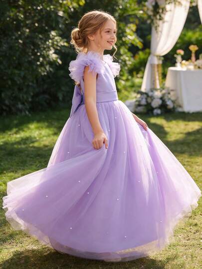 Tween Girl Handmade Beaded Bow Tulle Cap Sleeve Elegant Party Dress, Princess Dress, Suitable For Girls Birthday Gift, Party, Banquet, Wedding, Flower Girl, School Performance