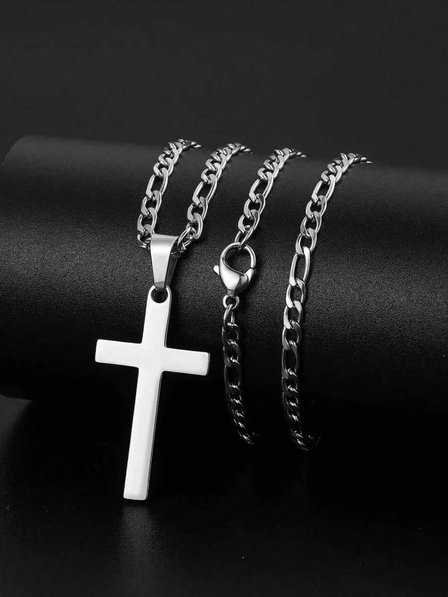 1pc Stainless Steel NK Cross Pendant Necklace, Unisex Vintage Punk Chic Fashion Necklace For T-Shirt, Sweater, Casual, Party, Holiday, Street Wear - Silver - View 1