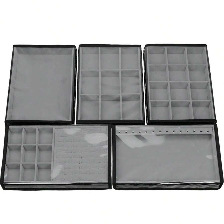 5 Large Jewelry Trays In Velvet Faux Leather (33x22cm) With Cover - Xám - Xem 1