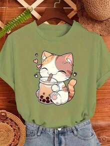 Women's Cute Cat Milkshake Printed T-Shirt, Cotton, Casual, Comfortable - 綠色 - 查看 2