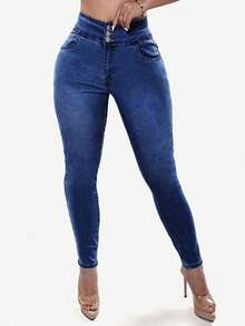 Quần jeans nữ cạp cao, co giãn tốt, có cúc cài, kiểu dáng yoga, màu trơn, thích hợp mặc thường ngày. - Màu xanh đậm - Xem 2