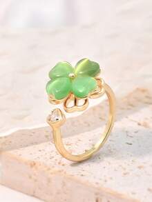 1 chiếc nhẫn xoay hình cỏ bốn lá đính đá mắt mèo xanh thời trang, kiểu dáng hở đa năng, phù hợp cho nữ đeo hàng ngày. - Vàng - Xem 1