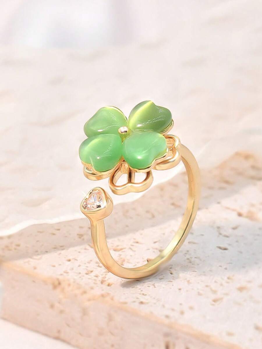 1 chiếc nhẫn xoay hình cỏ bốn lá đính đá mắt mèo xanh thời trang, kiểu dáng hở đa năng, phù hợp cho nữ đeo hàng ngày. - Vàng - Xem 1