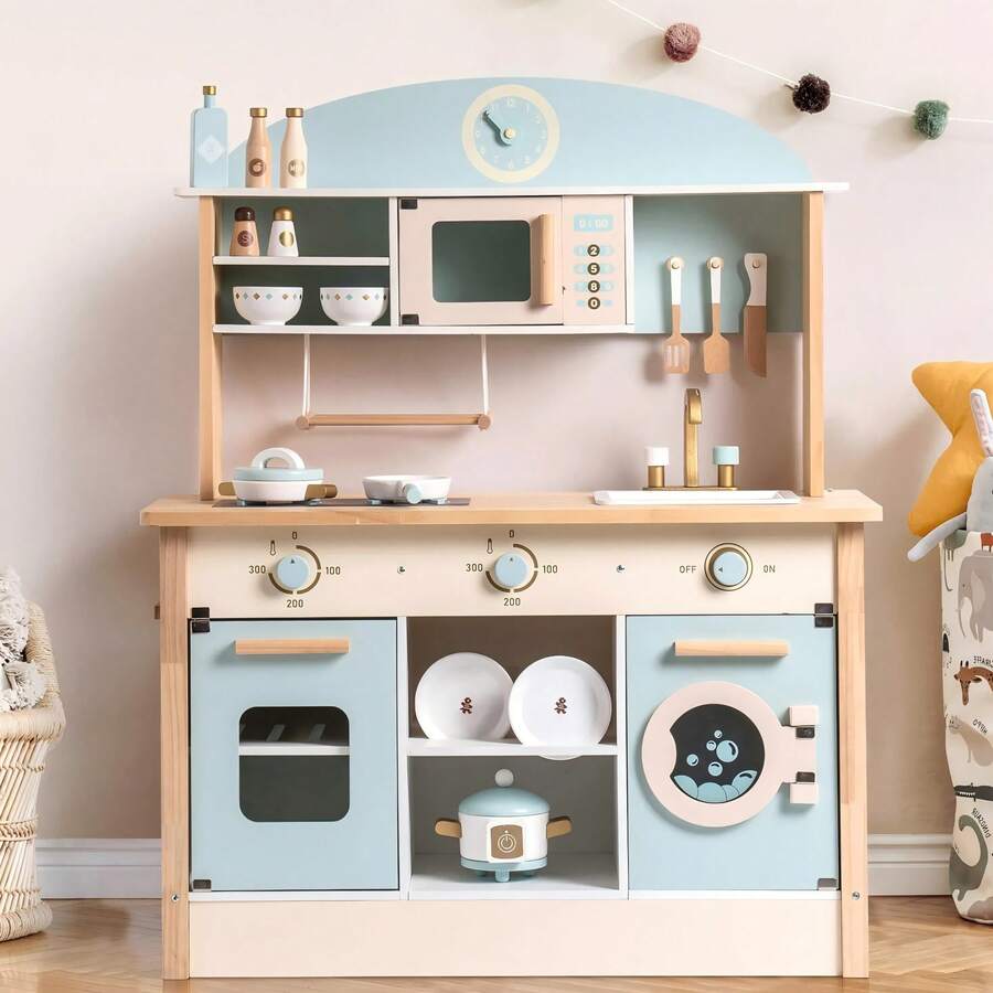 Robotime Robud Kids Wooden Toy Kitchen Set – Light Blue Dreamy Kitchen, Includes 15+ Pieces, Kitchen Games, Role-Playing Suitable For Children Aged 3 And Up