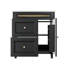 Freestanding Bathroom Vanity Unit 76x46x86.5cm, Double Silent Drawer Slides, Cabinet Doors With Soft-Close Function, Gold Handles And Rattan Decorations, Ceramic Washbasin, Black. - 黑色 - 查看 8