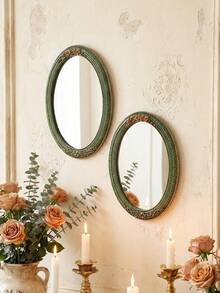 1pc Vintage Lace Pattern Oval Decorative Wall Mirror, European Style Home Decor Art Piece, Creative Vanity Mirror, Suitable For Wall Decor, Dressing Table Mirror And Photography Props - Multicolor - View 4
