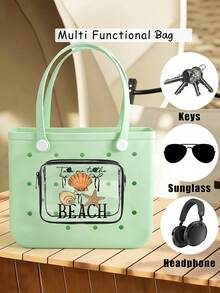 新款“带我去海滩”印花防水PVC沙滩包，饰以贝壳和海星图案，沙滩配件，洗漱包，旅行配件；适合旅行和户外活动，耐用防水，易于清洁，可装Bogg包，透明Bogg化妆包带手机袋，内部隔层方便收纳，适合旅行化妆包 - 彩色 - 查看 6