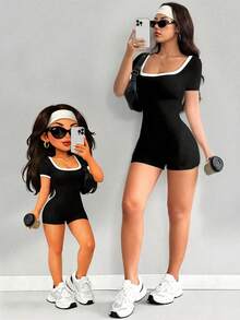 AITYI Studio 女士连体裤，适合休闲通勤，舒适方领，撞色露背设计，时尚性感修身，适合户外、健身、派对、度假、约会、夏季穿着、毕业典礼、音乐节、独立日等场合，新款夏季弹力针织黑色短袖连体衣 - 黑色 - 查看 2