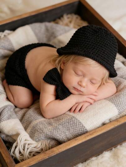 Bộ đồ chụp ảnh móc len đen 3 món cho bé sơ sinh, phụ kiện chụp ảnh sơ sinh, ảnh chân dung bé kiểu INS, ảnh kỷ niệm 100 ngày, bộ đồ móc len cho bé.