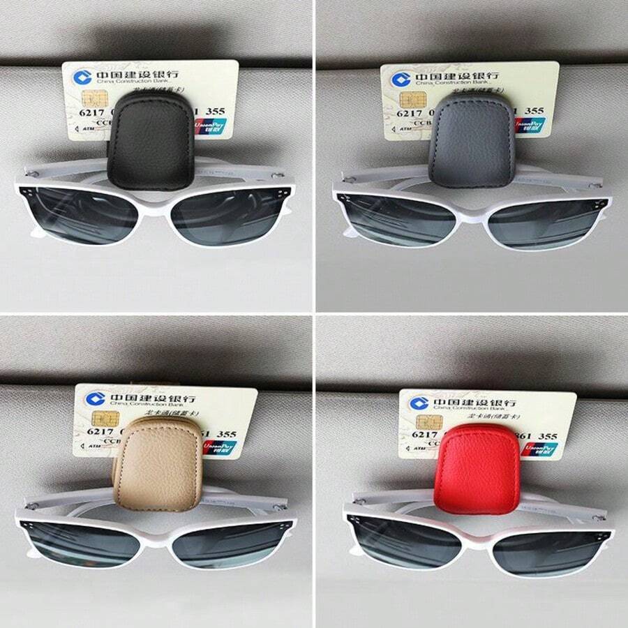 Clip para gafas de coche multifunción, caja de almacenamiento para visera interior de cuero, clip para gafas de coche y portador de tarjetas de moda - A - Ver 1