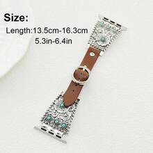 1条复古绿松石色皮革金属表带，兼容 Ultra 2 SE 10 9 8 7 6 5 4 3 2 1；银色花卉手镯式表带，兼容 38mm 40mm 41mm 42mm 44mm 45mm 46mm 49mm - 綠松石色款式1 - 查看 3