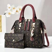 M MENGYISCC 2026 Monogram Print Leather Bag, Dome Top Handle Bag For Women, Stylish Large Capacity Crossbody Bag With Matching Clutch, Versatile Shoulder Style With Cat Pendant, Suitable For Shopping, Office, University, Work, Business, Commuting, Outdoor Activities, Travel, And Outings, Durable And Lightweight - Burgundy - View 1