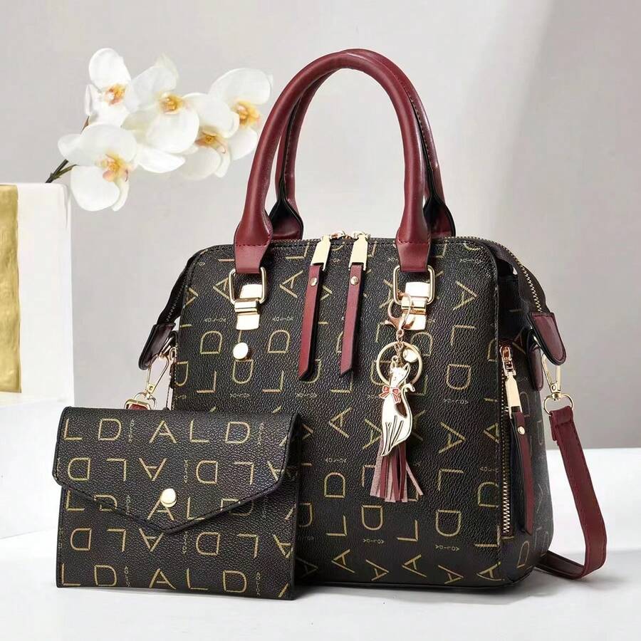 M MENGYISCC 2026 Monogram Print Leather Bag, Dome Top Handle Bag For Women, Stylish Large Capacity Crossbody Bag With Matching Clutch, Versatile Shoulder Style With Cat Pendant, Suitable For Shopping, Office, University, Work, Business, Commuting, Outdoor Activities, Travel, And Outings, Durable And Lightweight - Burgundy - View 1