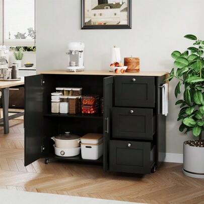 L135*W44(70)*H90cm Large Mobile Kitchen Table, Oak Worktop, Foldable Design, Multifunctional Cabinet, 3 Drawers, Towel Rack, Suitable For Kitchen, Dining Room, Home